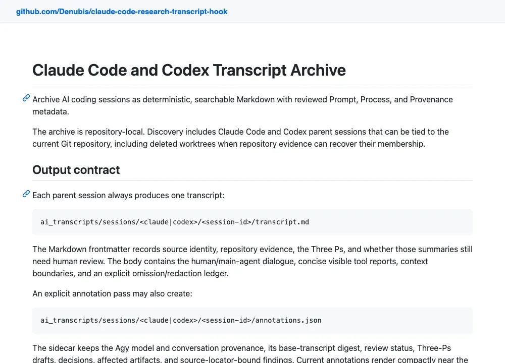 claude-code-research-transcript-hook README