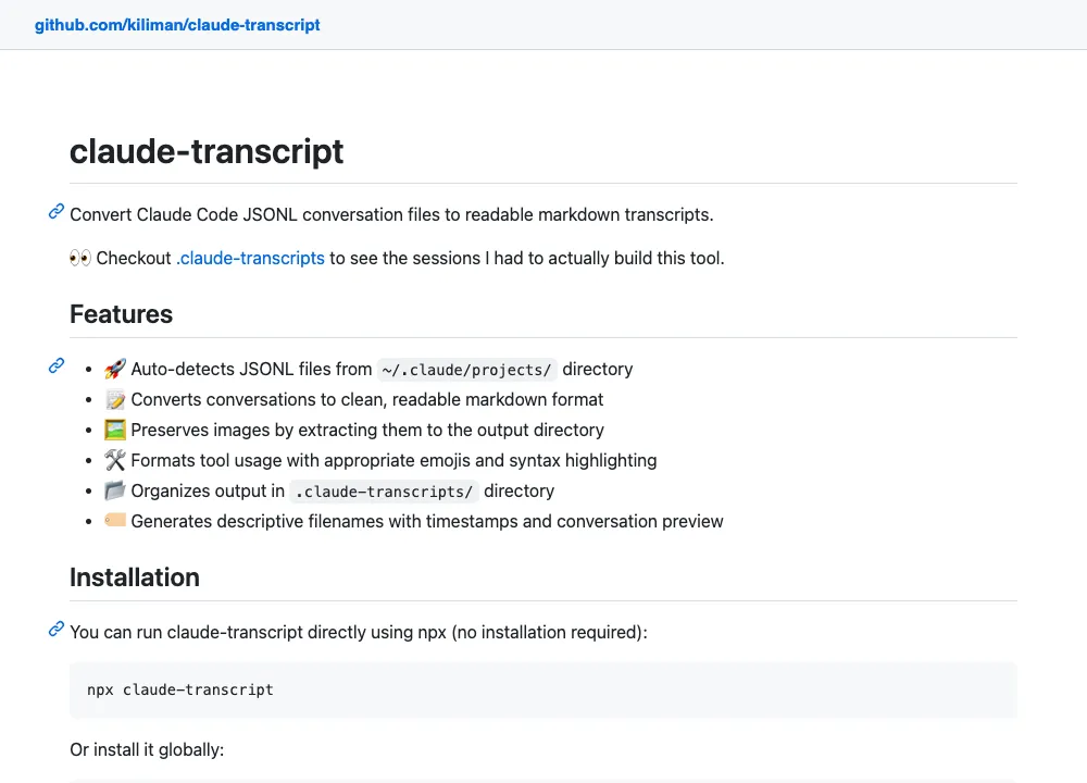 claude-transcript README
